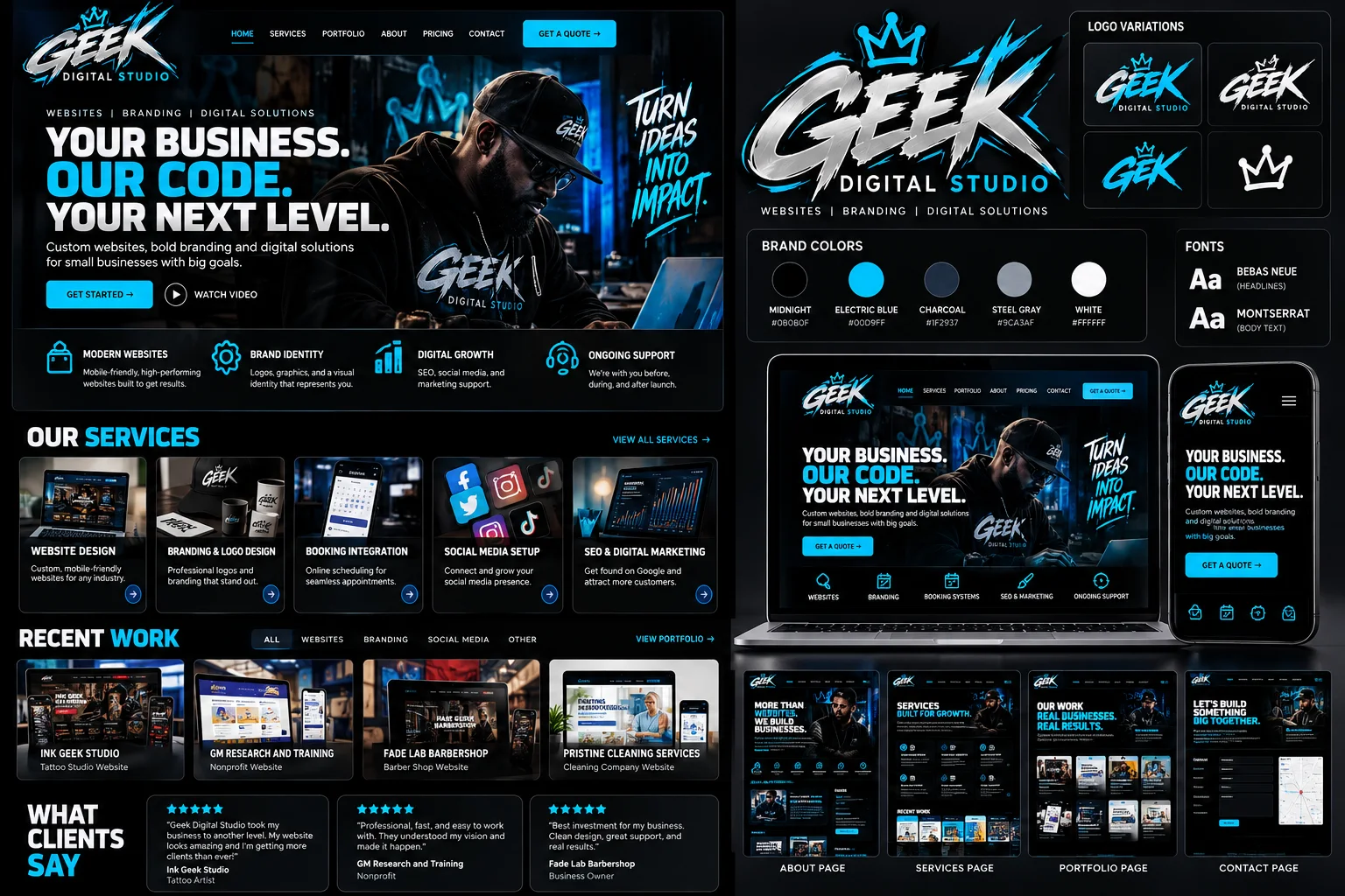 Geek Digital Studio creative direction and sample website mockups; concepts are illustrative