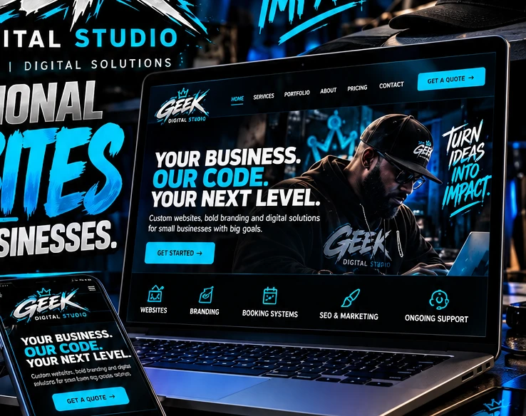 Geek Digital Studio promotional laptop and phone website artwork