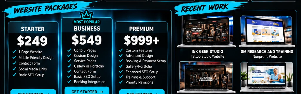 Geek Digital Studio flyer artwork showing website packages and promotional concepts
